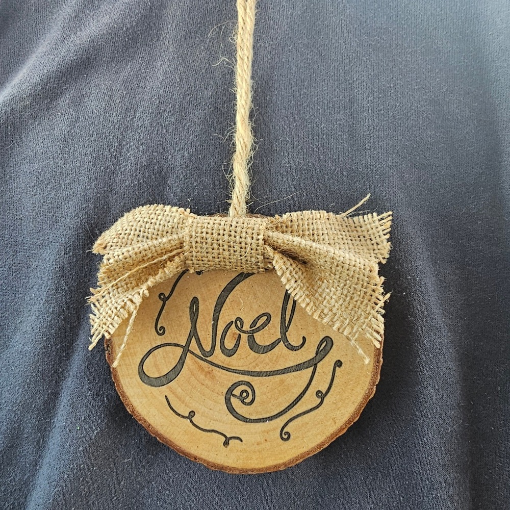 Burton + Burton Noel Wood Slice Christmas Ornament Burlap Bow Rustic Farmhouse